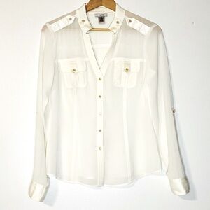 Caché Cream Silk Buttoned Blouse Mandarin Collar Long Tab Sleeve Sz L